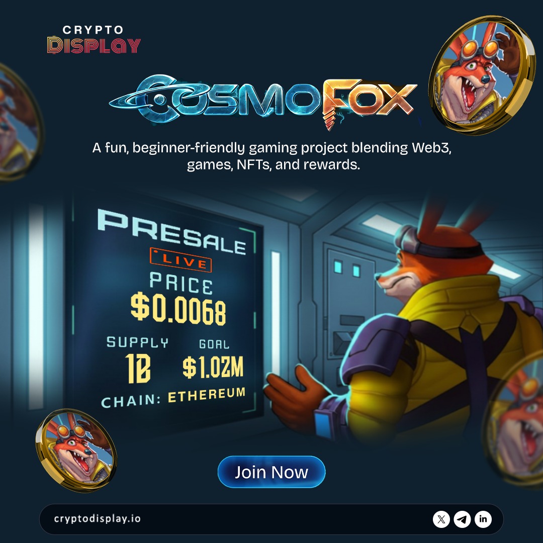 🚀 CosmoFox Presale is LIVE! A fun, beginner-friendly gaming project  blending Web3, games, NFTs & rewards✨ 💰 Price: $0.0068 🔗 Chain: Ethereum  🎯 Goal: $1.02M Start early 👉 https://t.co/Fhs7B2Zam3 #CosmoFox  #CryptoPresale #Web3Gaming #NFTGaming