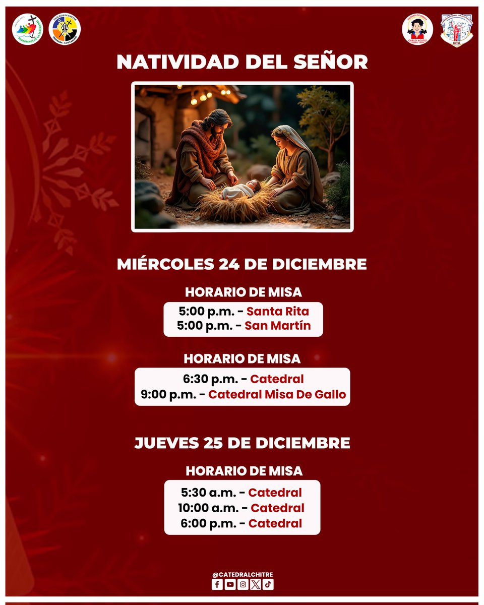 Horarios de Misa del Miércoles 24 y Jueves 25 de diciembre del 2025.