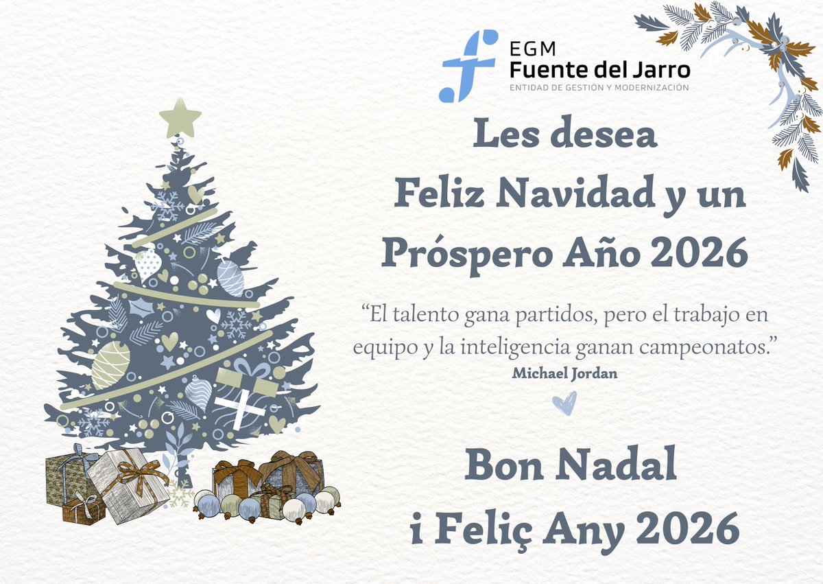 Desde La EGM Fuente del Jarro queremos desearos una 𝗙𝗲𝗹𝗶𝘇 𝗡𝗮𝘃𝗶𝗱𝗮𝗱 𝘆 𝘂𝗻 𝗣𝗿ó𝘀𝗽𝗲𝗿𝗼 𝗔ñ𝗼 𝟮𝟬𝟮𝟲.

Gracias por vuestra colaboración y confianza durante este año.

𝗕𝗼𝗻 𝗡𝗮𝗱𝗮𝗹 𝗶 𝗙𝗲𝗹𝗶ç 𝗔𝗻𝘆 𝟮𝟬𝟮𝟲 🎄