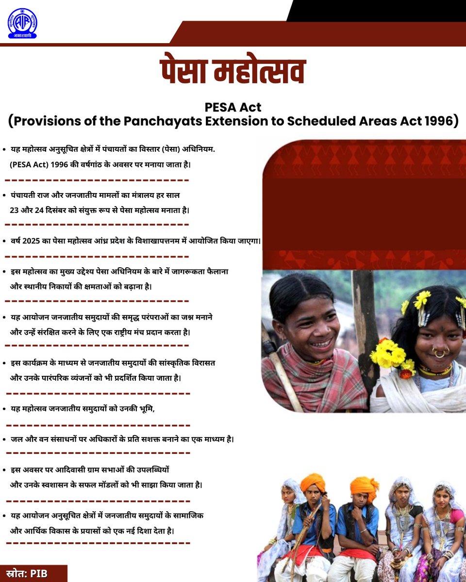 💠 पेसा (PESA) महोत्सव

यह महोत्सव अनुसूचित क्षेत्रों में पंचायतों का विस्तार (पेसा) अधिनियम PESA Act (Provisions of the Panchayats Extension to Scheduled Areas Act, 1996) की वर्षगांठ के अवसर पर मनाया जाता है।..

स्रोत: PIB

#PESAMahotsav #PESAMahotsav2025 
#TribalRights