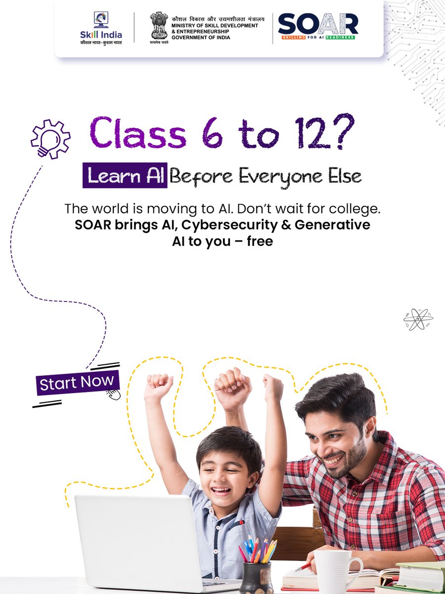 MSDESkillIndia's tweet image. If you’re a student in Classes 6–12, this is your chance to explore AI, Cybersecurity, and Generative AI – completely free!
With SOAR, you don’t just learn cutting-edge technologies, but also understand the ethical and responsible use of AI—from data privacy to safe and fair…