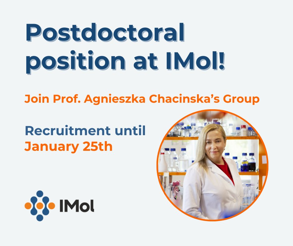 IMol_Institute's tweet photo. 📢 Postdoc position available!

We are looking for a highly motivated postdoctoral researcher to join Prof. @A_Chacinska's Lab.
The position offers long-term funding from @NCN_PL OPUS 29 grant.

More detatils at IMol webpage:
Postdoctoral researcher in Chacińska Group – IMol https://t.co/bMSSUZszv2