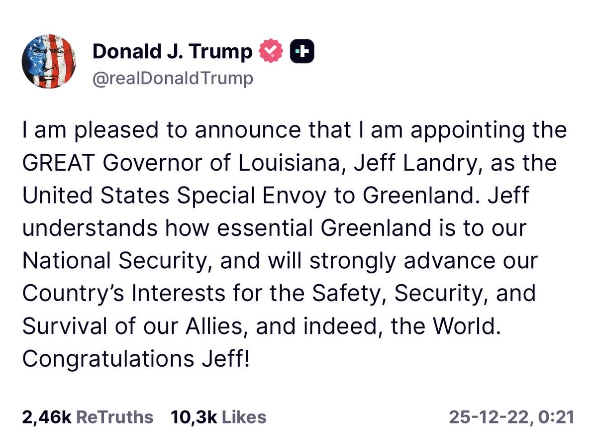 OJoelsen's tweet image. Hi Trump!
When your so-called appointed “special envoy to Greenland,” the Governor of Louisiana, comes to Nuuk, please pass on my regards and tell him that he will be welcomed by a massive demonstration—larger than the one we held back in March this year.

Your special envoy…