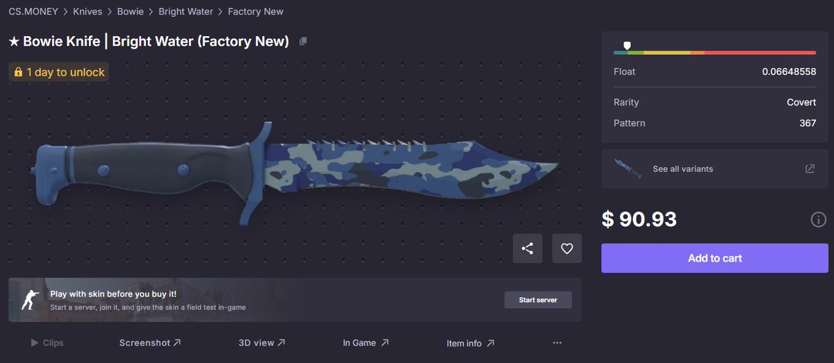 HeyIts_Luke1's tweet photo. @csmoneytrade ★ Bowie Knife | Bright Water (Factory New) $ 90.93 https://t.co/kqQjsUQrgf