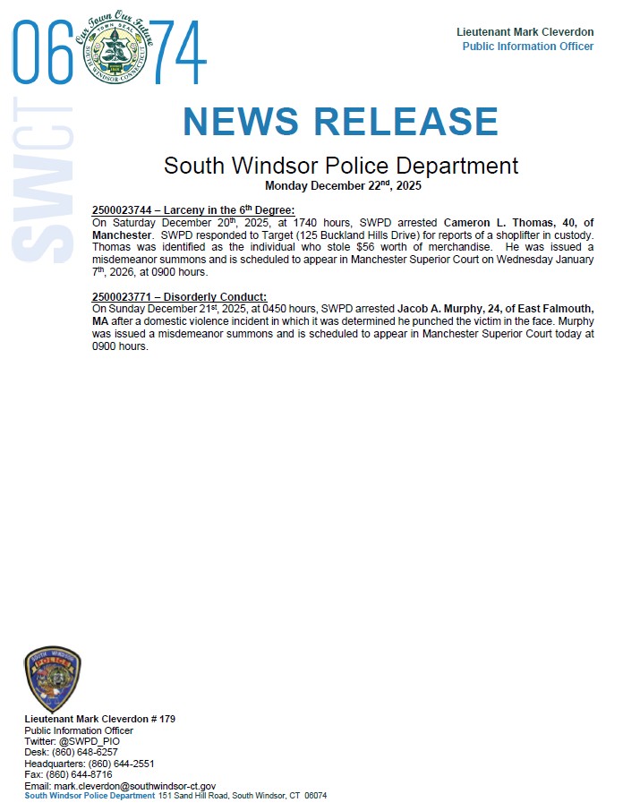 SWPD_PIO's tweet image. Good morning #SW06074.

Attached is the news release for Monday, December 22nd, 2025.