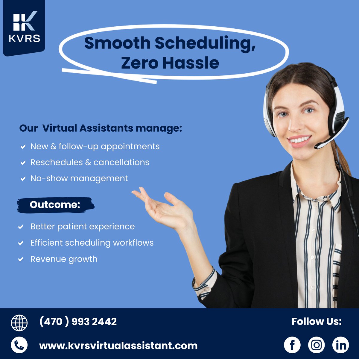 kvrspvtltd's tweet photo. Smooth Scheduling, Zero Hassle.

Our VAs manage:
✅ New &amp; Follow-up Appointments
✅ Reschedules &amp; Cancellations
✅No-show Management

Outcome:
✅ Better patient experience
✅ Efficient scheduling workflows
✅ Revenue growth https://t.co/yZlTg1cKx9