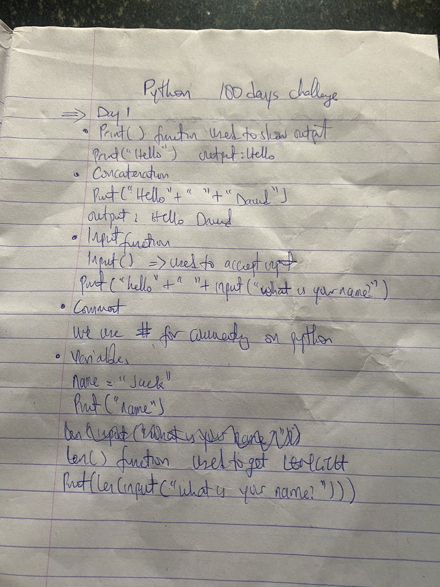 wavthecreator's tweet image. #100DaysOfCode #pythonlearning 
Day 1 of #100DaysOfCode: COMPLETE✅

I’m on a mission to go from absolute beginner to python expert in 4 months.

I just learn how to use the print() function, input() function, concatenation, comments and len()
