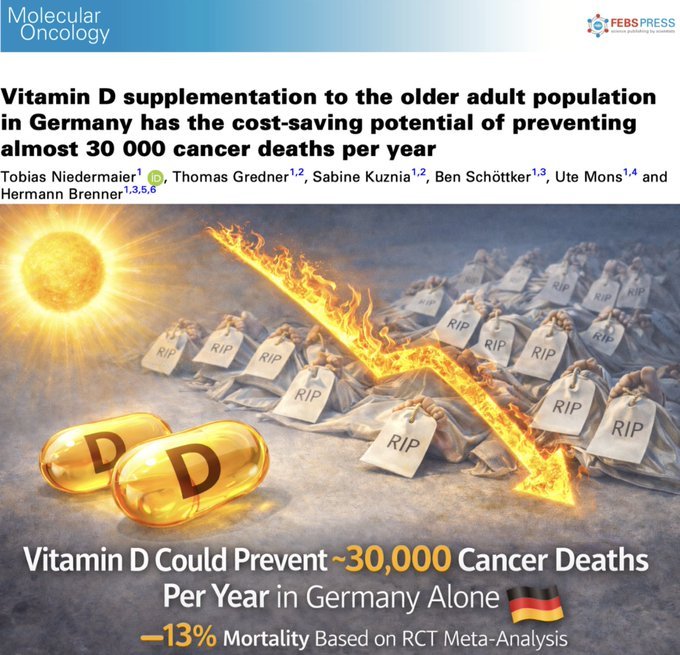 Fa21519230's tweet image. 🚨🚨La vitamina D podría prevenir 30.000 muertes por cáncer al año solo en Alemania...
Más de 900 estudios muestran la actividad anticancerígena de la vitamina D en la mayoría de los tipos de cáncer, y los ensayos controlados aleatorios demuestran una reducción de aproximadamente…
