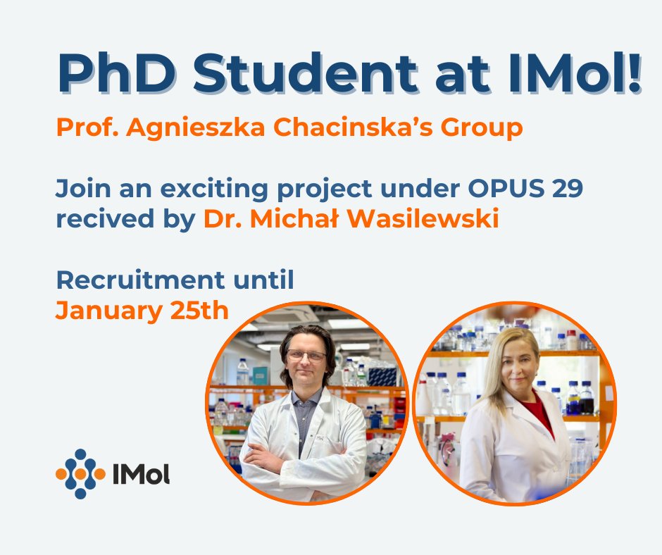 IMol_Institute's tweet photo. 🧬 PhD Student position open in mitochondrial research at @IMol_Institute!

Join @NCN_PL OPUS 29 - funded project led by Dr. Michal Wasilewski in Prof. @A_Chacinska’s group. 

👉 More details at IMol webpage: PhD student in Chacińska Group – IMol https://t.co/45n46BOgJf