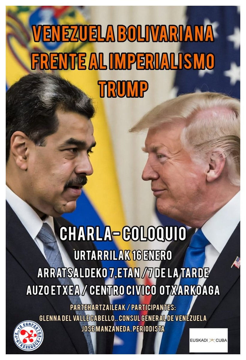 <a href="/PaYaKonpartsa/">Pa...Ya Konpartsa</a> propone esta interesante actividad para el 16 de enero en #Otxarkoaga acerca del ataque a la soberanía nacional de Venezuela participan: <a href="/euskadicuba/">euskadicuba</a> y <a href="/ConsVENBilbao/">@ConsVENBilbao</a>. Se agradece la difusión!!