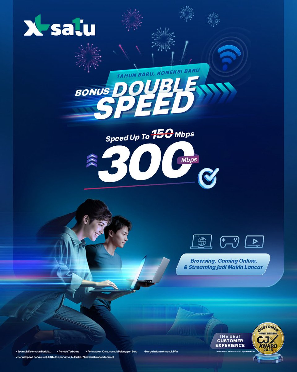 xlhome_'s tweet photo. 🎁Double Speed, Double Benefits🎁

Sambut tahun baru dengan koneksi DOUBLE SPEED, spesial untuk pelanggan baru XL SATU.
📶 Up to 300 Mbps 
📅 Periode: Hingga 31 Desember 2025

Klik ➡️ https://t.co/72KrqNiPOc 

#BeraniJadiSatu #SekeluargaJadiSatu #FirstMediaJadiXLSATU #DoubleSpeed https://t.co/7tx3j0ZAsR
