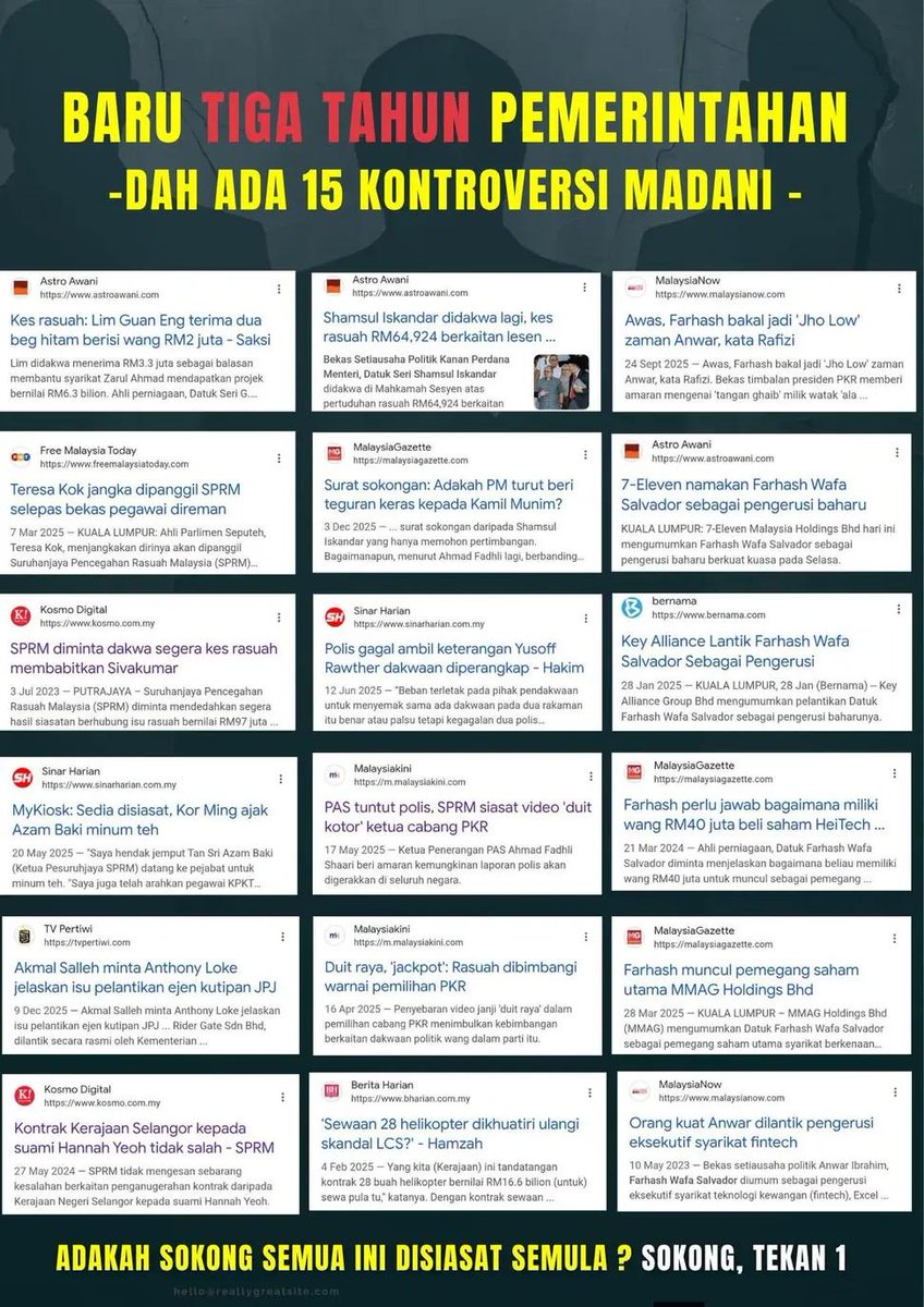 Hanya dlm tempoh 3 tahun, pelbagai isu yg terjadi melibatkan berbillion RM drpd kantung rakyat digunakan kpd perkara yg tidak transparent &amp; tidak jelas. 

Sembang sana sini angkat integriti tetapi sebaliknya yg jadi. Rupa-rupanya kelentong rakyat. Ingat madani, ingat kelentong.