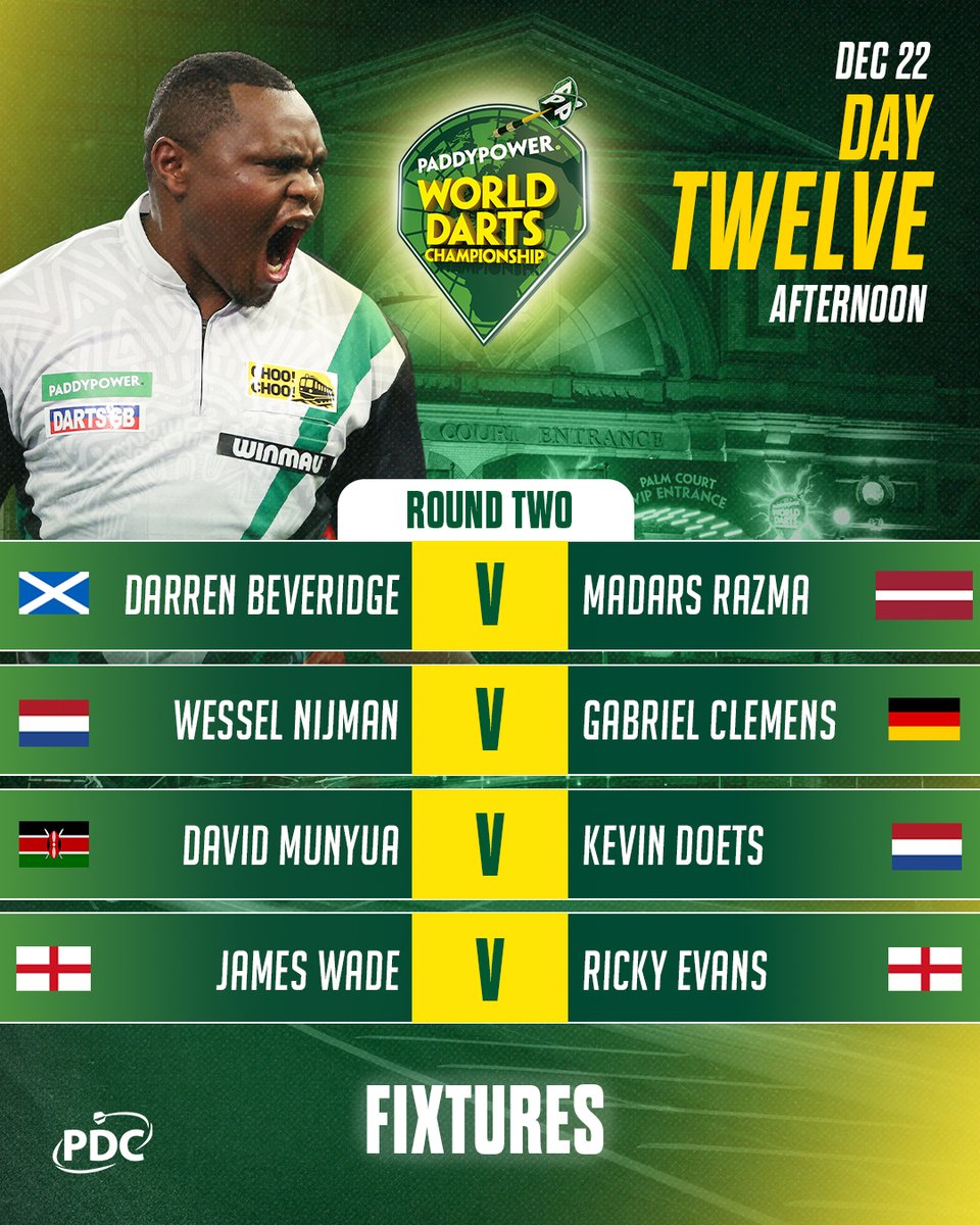 DAY TWELVE AFTERNOON FIXTURES 🔥

James Wade takes on Ricky Evans, whilst David Munyua and Wessel Nijman also star! 🌟 

📺 bit.ly/WC25-26Live
#WCDarts | R2