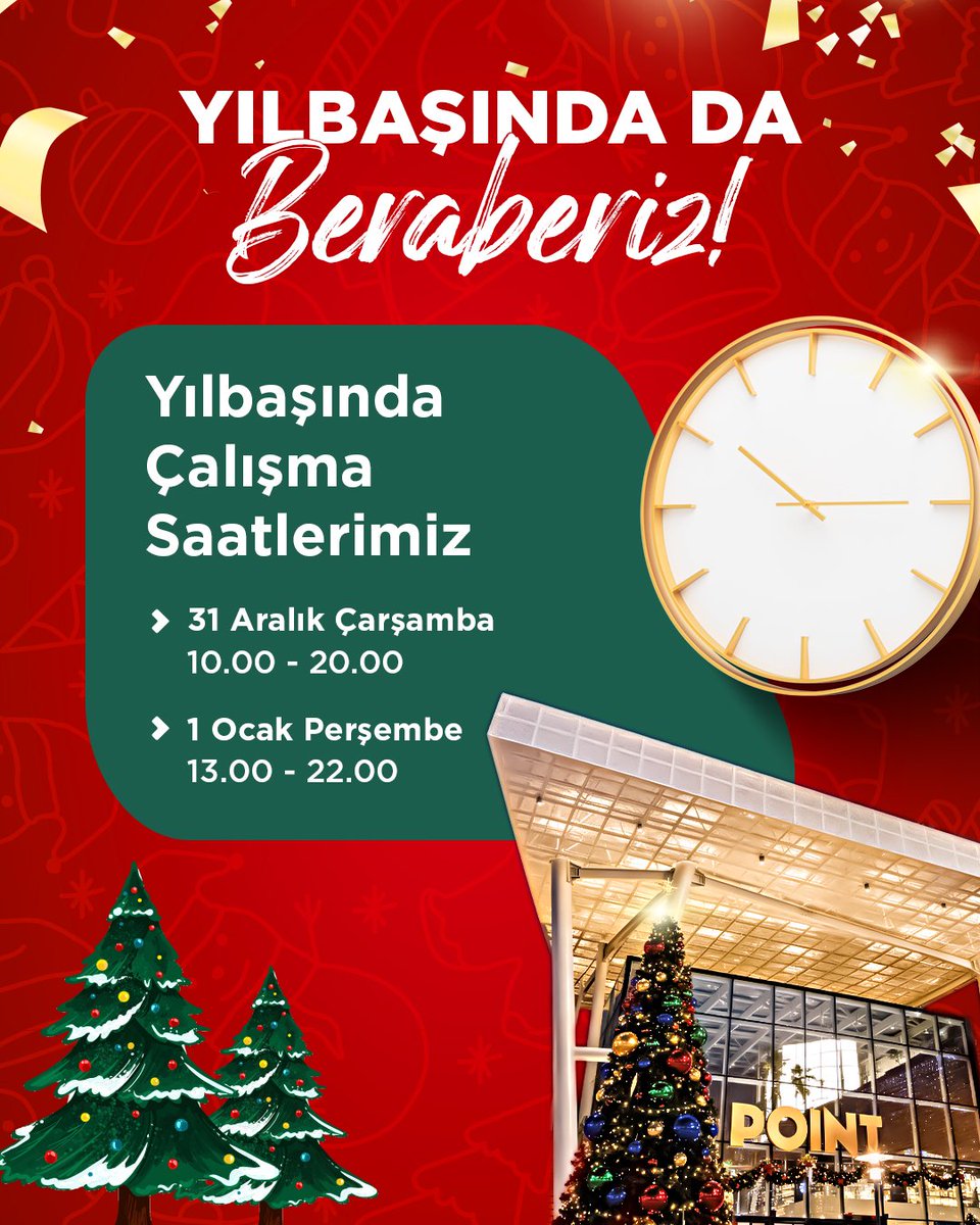 🎄Yılın son alışverişi de yeni yılın ilk buluşması Point Bornova’da! 💚

📅 31 Aralık’ta 10.00–20.00,
📅 1 Ocak’ta 13.00–22.00 saatleri arasında sizlerleyiz!

Yılın son kahvesini yudumlamak ya da ilk alışverişini yapmak için uğramayı unutmayın! ☕🛍️🎉

#pointbornova