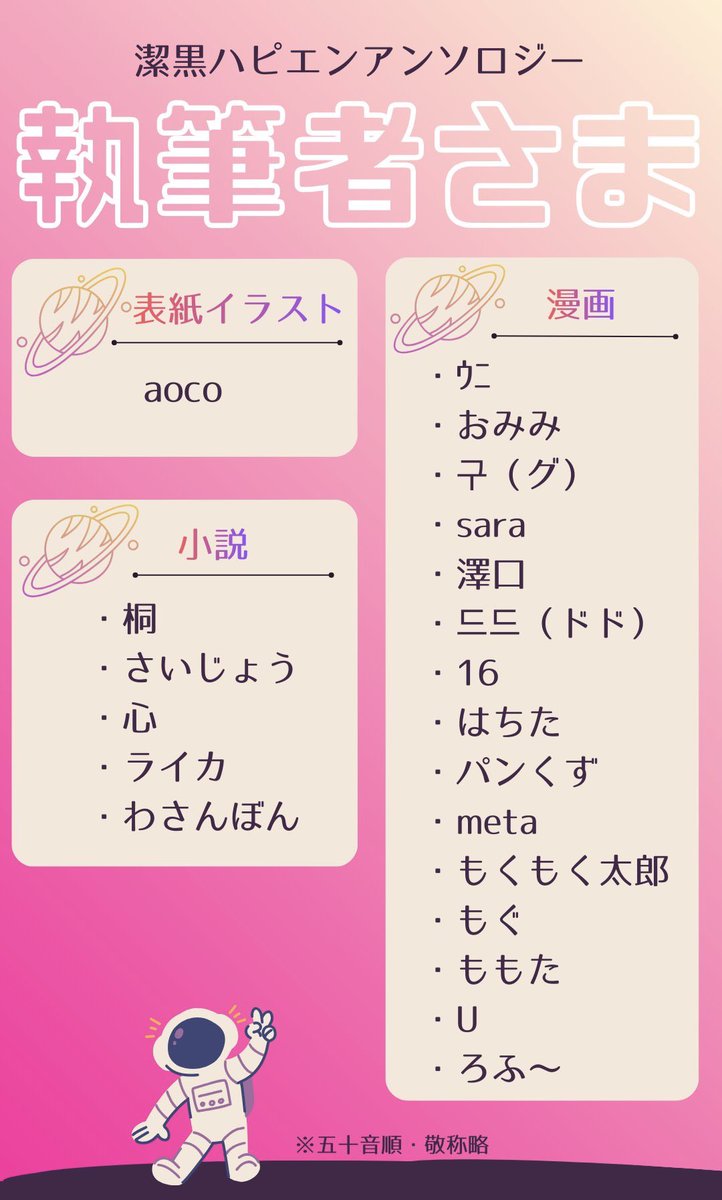 1396_anthology's tweet photo. 早速ではございますが、当アンソロジーのご執筆者様を発表させて頂きます💫

※ツリーにお名前とアカウントのIDを掲載させて頂いております。 https://t.co/JqiKqmP6vn