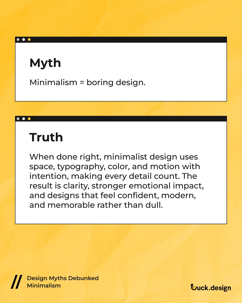 🚫 Design Myth Debunked: Minimalism = Boring?

Join us as we’re continuing to break down common design misconceptions and see why minimalism, when done right, is anything but dull. ➡️

#Minimalism #GraphicDesign #UXDesign #Branding #WebDesign