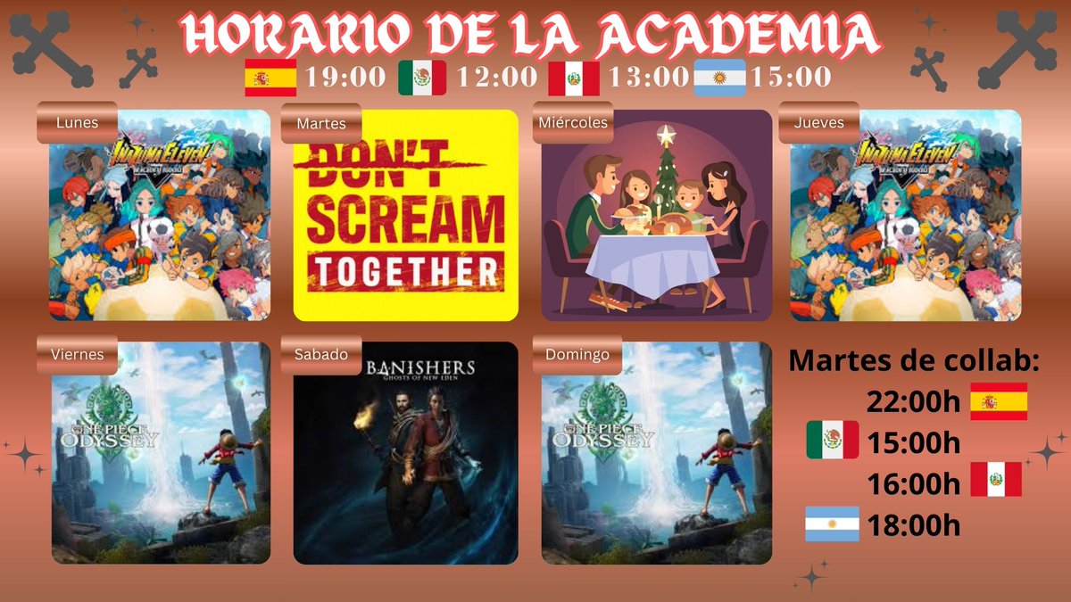Horario de la semanita 😁
Tendremos #InazumaEleven x2, #OnepieceOdyssey x2, #BanishersGhostsOfNewEden, Martes de collab con <a href="/ZakielCh/">Zakiel Ch.👼</a> en #DontScreamTogether y Miércoles no hay directo ☺️