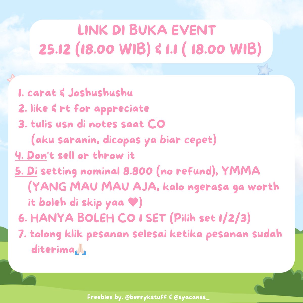 syacanss_'s tweet image. 🦌ONLINE FREEBIES JOSHUA'S DAY🦌
— by @syacanss_ &amp;amp; @berrykstuff 

★ carat &amp;amp; joshushushu
★ RT &amp;amp; Like for appreciate 
★ LINK DI BUKA 25.12 &amp;amp; 1.1 (18.00 WIB)
★ CEK &amp;amp; PATUHI RULES
★ link 🍊 s.shopee.co.id/60KkQVKvZK 

drop @ usn if you want to be tag 😍📸 (wajib pakai @)