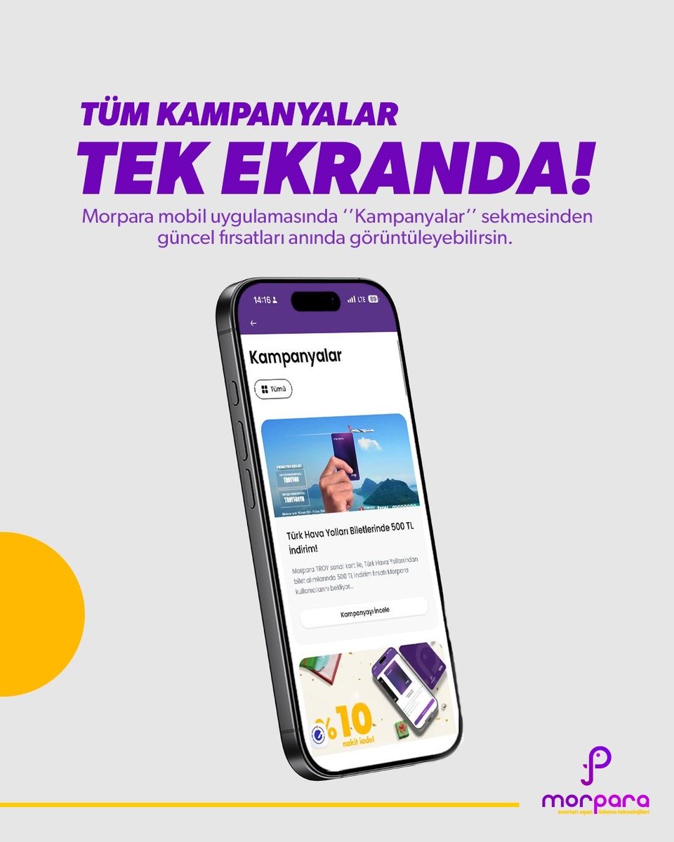 Tüm kampanyalar artık tek ekranda! 🎉
Morpara uygulamasındaki “Kampanyalar” sekmesinden güncel fırsatları anında görüntüle, avantajı kaçırma. ⚡️
Yeni indirimler, nakit iade fırsatlarımız  ve daha birçok özellik için Morpara mobil uygulamasını indirmeyi unutma!💜