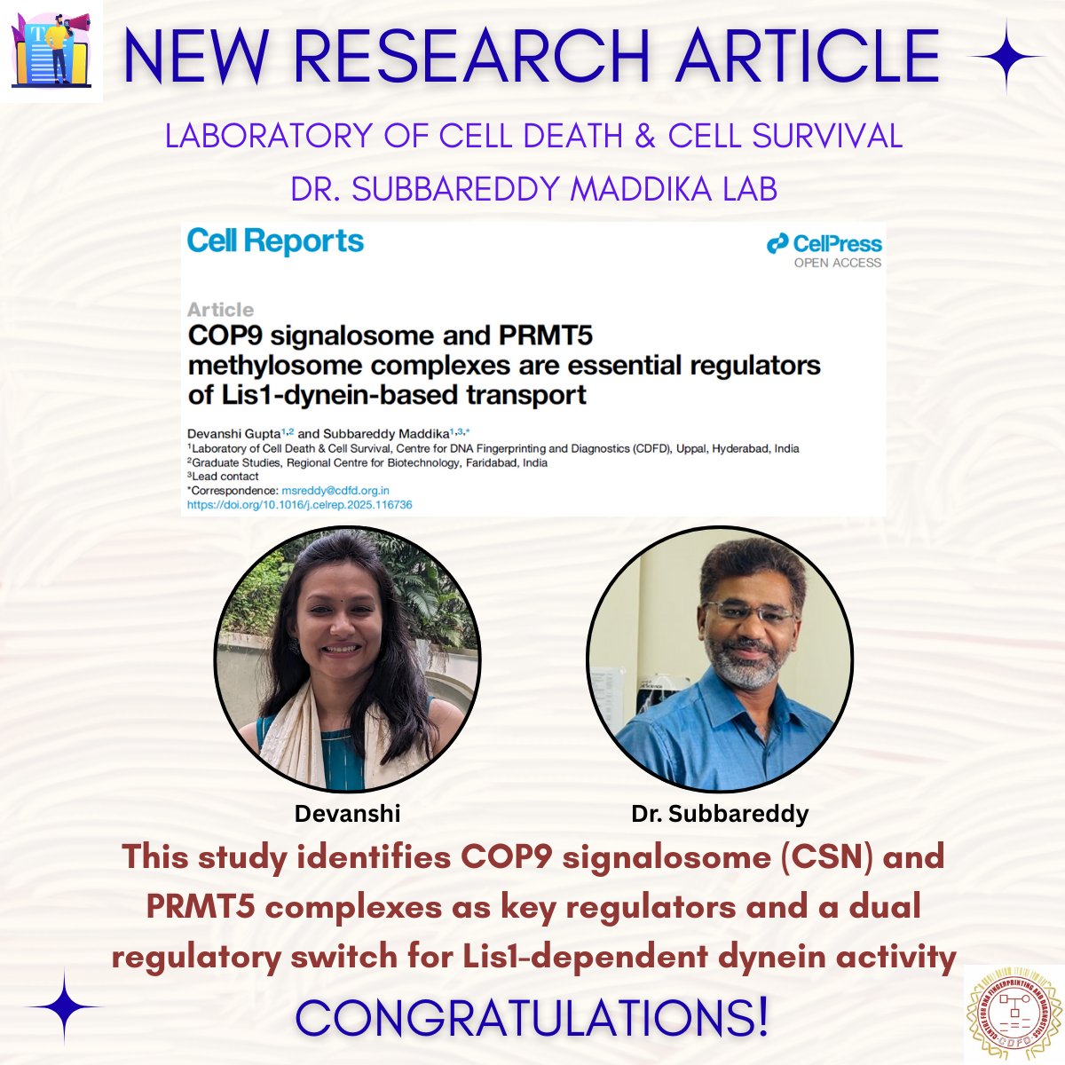 BRIC_CDFD's tweet photo. New paper published in @CellReports from the lab of Dr. Subbareddy Maddika on essential regulators of Dynein function.
Read the paper here: https://t.co/q3W2Ny39xY
@DBTIndia @BricDbt
#dyneinfunction #lish #lissencephaly https://t.co/9BOa0uWETn