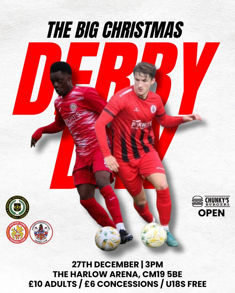 THE BIG CHRISTMAS DERBY DAY 🎄⚽️
• Harlow Town vs Sawbridgeworth Town
• Saturday 27th December 2025
• The Harlow Arena, CM19 5BE
• 3PM KICK OFF
• Chunky’s Burgers OPEN
£10 Adults / £6 Concessions / U18s FREE

📸 Kelsi O’Connor