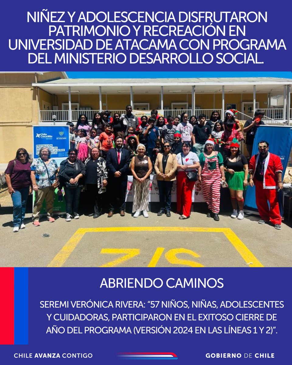 Tras un recorrido en la Universidad de #Atacama, para conocer la historia y monumentos de la casa de estudios y luego, participar en una jornada cargada de juegos; 57 niñ<a href="/s/">『S』</a>, adolescentes y cuidadoras, participaron en el cierre de año del #ProgramaAbriendoCaminos de <a href="/MinDesarrollo/">Ministerio de Desarrollo Social y Familia</a>