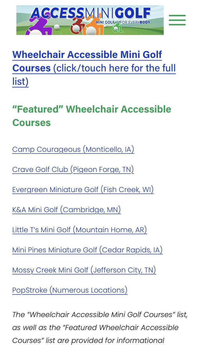 AccessMiniGolf's tweet image. Happy #MiniGolfMonday!

Did you know?

On our website we have a list of 720+ wheelchair accessible mini golf courses, accessible products, accessibility information, a list of course developers &amp;amp; reviewers, &amp;amp; more! ♿️⛳️

Let us know if we can help you?

accessminigolf.com