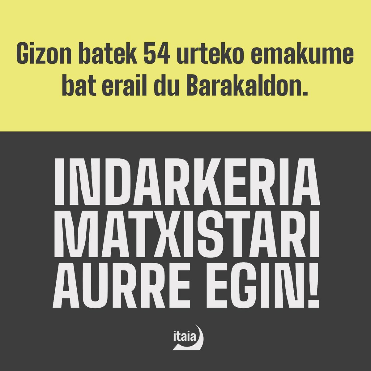 🔴 ASKI DA! 
Beste erailketa matxista bat Euskal Herrian. Gizon batek 54 urteko emakume bat erail du Barakaldon. 

Urgentzizkoa da indarkeria matxistaren aurkako borroka eta antolakuntza indartzea.

Adi deialdiei!