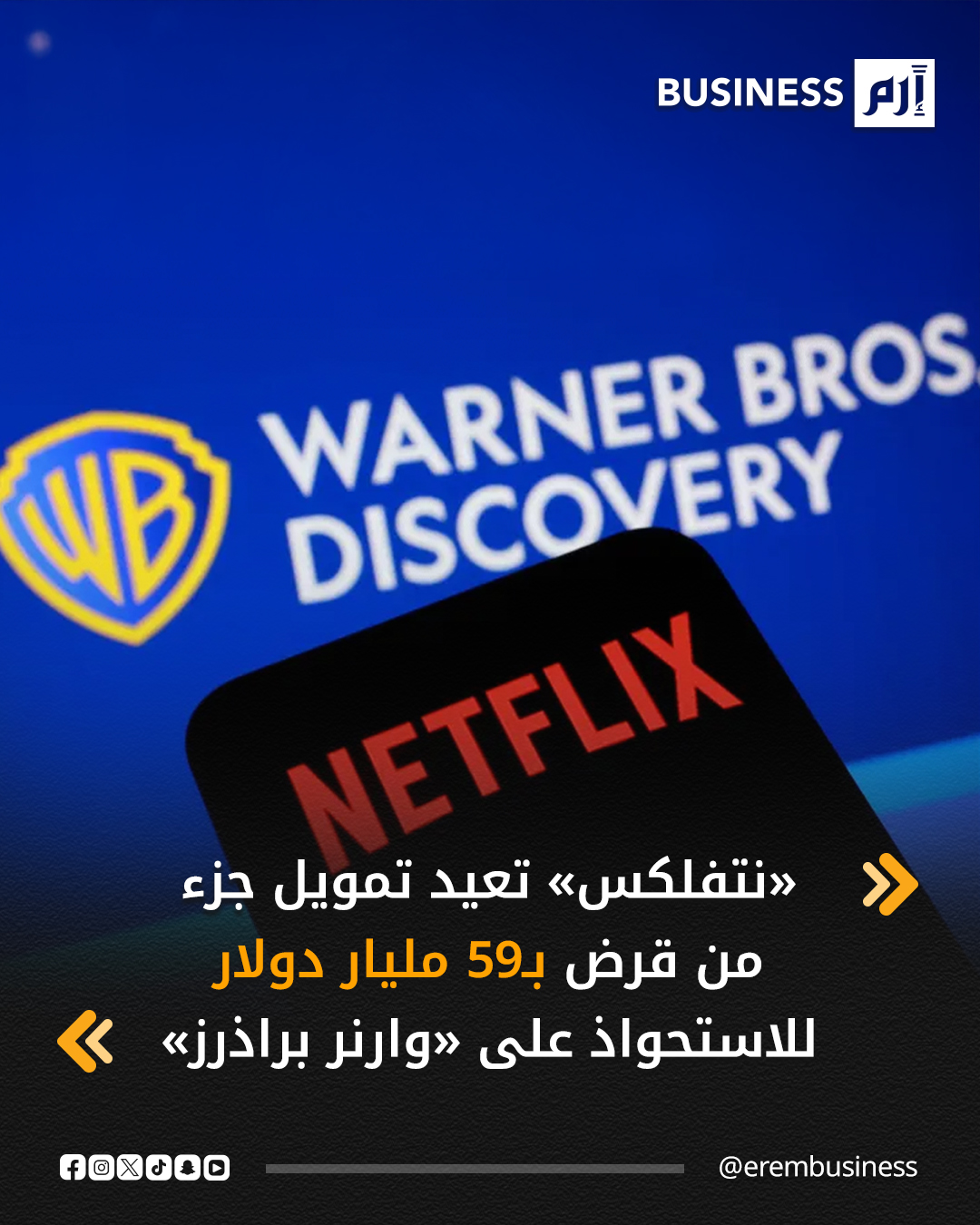 عاجل إعادة تمويل جزء من قرض بـ59 مليار دولار لدعم صفقة «نتفلكس» المحتملة مع «وارنر براذرز». أعلنت شركة نتفلكس أنها أعادت تمويل جزء من قرض الجسر (Bridge Loan) الذي تبلغ قيمته 59 مليار دولار، والذي تم ترتيبه لدعم عرضها لشراء شركة وارنر براذرز ديسكفري، في إطار صفقة استحواذ ضخمة يُتوقع أن تعيد رسم خريطة صناعة الترفيه العالمية. 