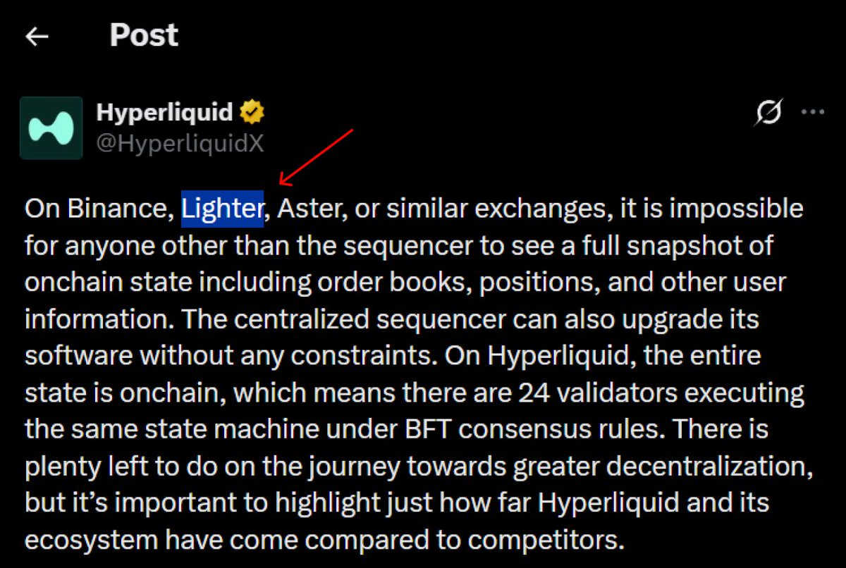 Hyperliquid officially called Lighter a Direct Competitor

In their latest post they literally grouped “Binance, Lighter, Aster” together as venues where a central sequencer is the only party that can see the full internal state in real time. 

That’s why this is a competitor