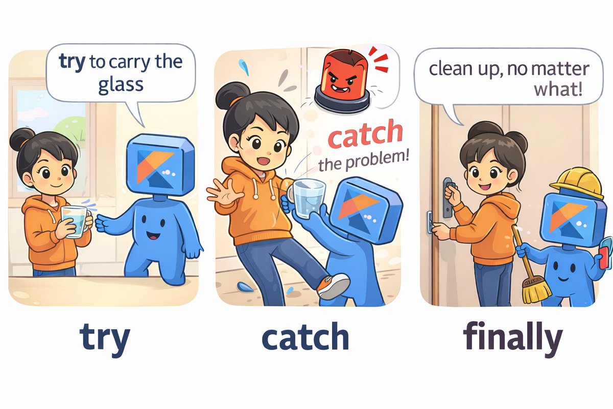 Vrushali0988's tweet image. 💡 Exception = a problem at runtime that can be caught &amp;amp; handled

try = attempt 🥛
catch = handle ✋
finally = cleanup 🧹
 
Kotlin Exception handling made easy! ✨

#Kotlin #AndroidDev #CodingForBeginners #CodingTips #programming #learning