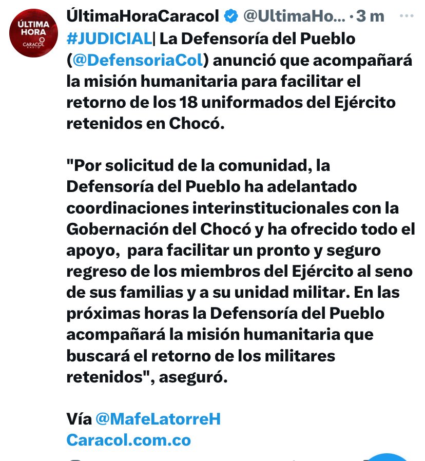 Señores <a href="/UltimaHoraCR/">ÚltimaHoraCaracol</a> Por respeto a los 18 soldados secuestrados: no maquillen el delito con el lenguaje. 
Llamar “retención” a lo ocurrido en Chocó no es simple redacción, es una forma de disminuir un delito. En Colombia, la retención es una figura exclusiva de la fuerza
