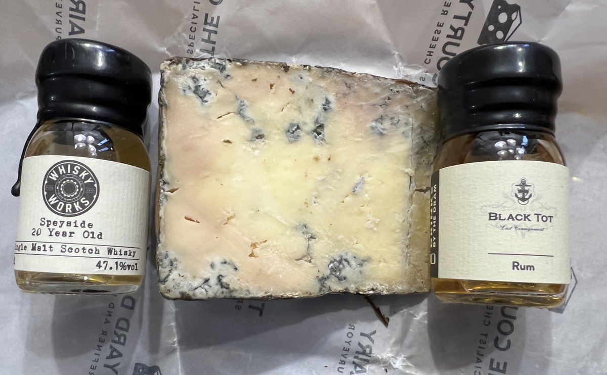 tug's tweet image. Advent Calendars Day 22 Cheese Bidlea Blue, Whisky Whisky Works Speyside 20 Year Old 47.1%ABV, Rum Black Tot Last Consignment 46.2%ABV the last of the Royal Navy rum supply