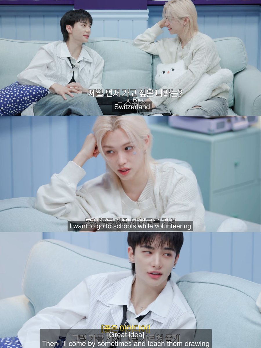 in 30 years, Hyunjin would want to travel the world especially Switzerland while Felix would want to go to schools and volunteer a lot and take care of the kids

and hyunjin said that he will come by sometimes and will teach them to draw 

they basically said that they will still