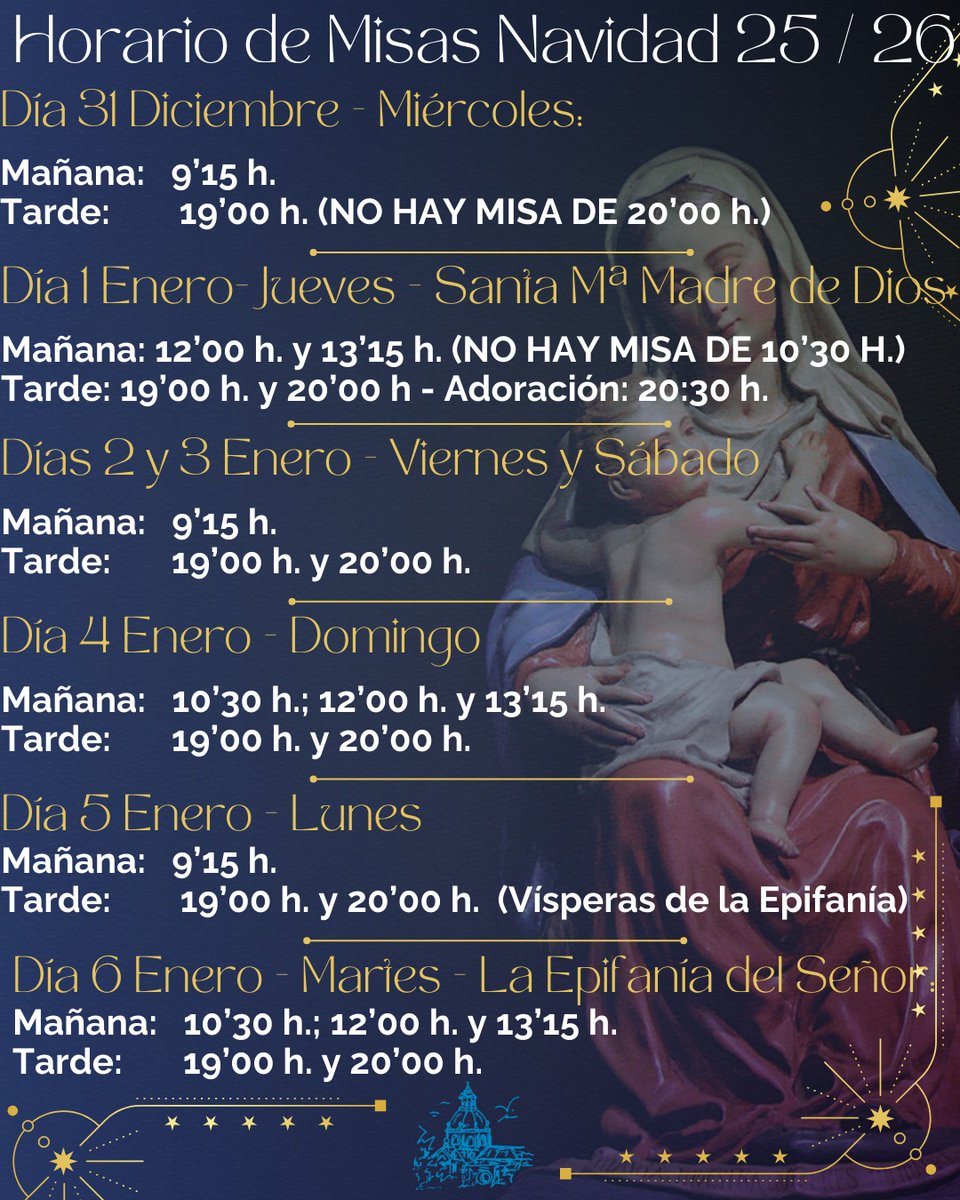 Ya podéis consultar los horarios de todas las celebraciones y misas que se llevarán a cabo en nuestra Parroquia durante el tiempo de Navidad.