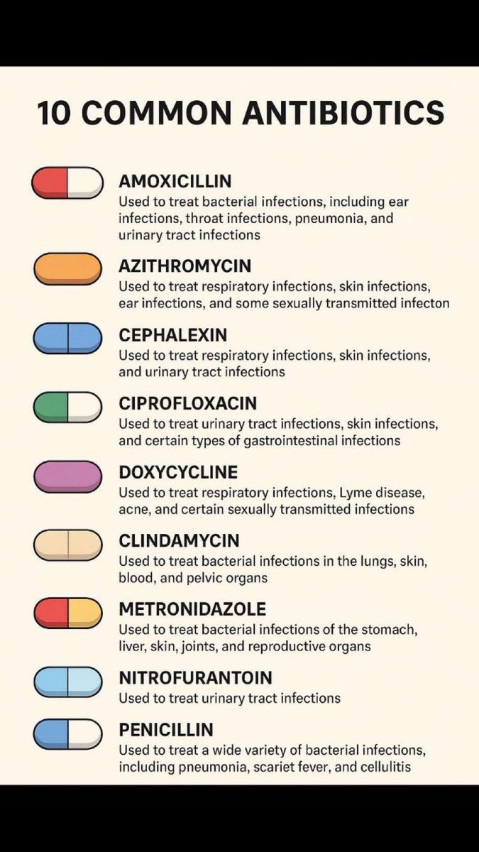 9 COMMON ANTIBIOTICS

AMOXICILLIN
Used to treat bacterial infections, including ear infections, throat infections, pneumonia, and urinary tract infections

AZITHROMYCIN
Used to treat respiratory infections, skin infections, ear infections, and some sexually transmitted infecton