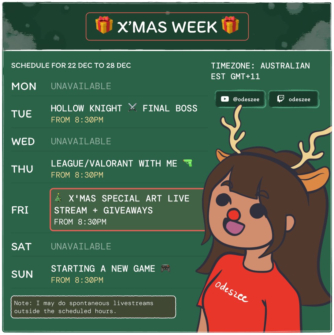 odeszeeniverse's tweet photo. 🎄✨ x'mas week stream schedule ✨🎄
Cozy vibes + big moments with the community 💛
🐛 hollow knight final boss battle, it’s finally time ⚔️
🎨 x'mas art livestream + festive drawing &amp; giveaways 🎁#xmasstreams #hollowknight #artstream #twitchstreamer https://t.co/t00jijnbn4