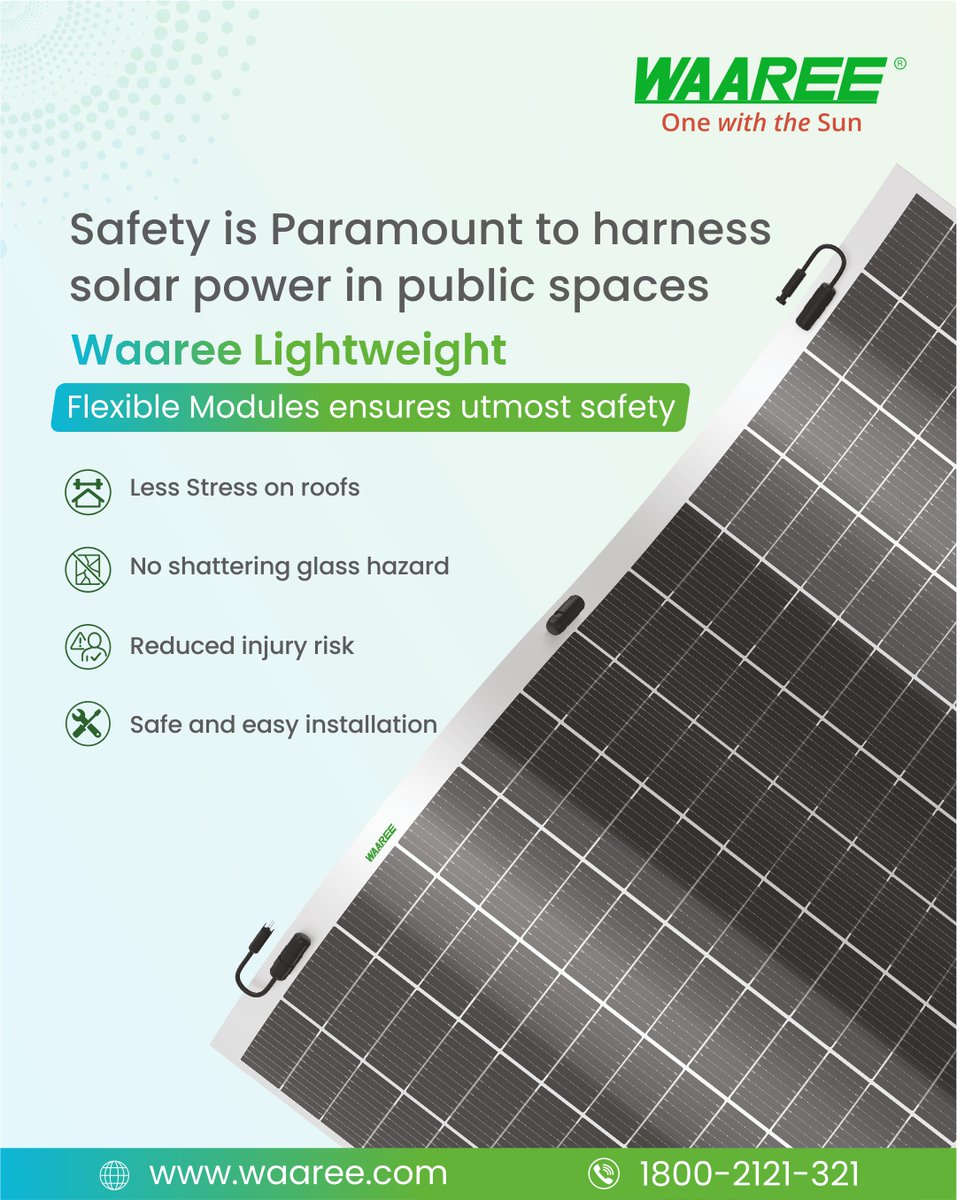 waareegroup's tweet image. Safety that scales with every rooftop and public space. #Waaree #Lightweight #flexiblemodules keep structures secure, people protected, and solar power easier to adopt—so cities can grow cleaner without adding risk.

#SafeSolar #PublicSpaces #CleanEnergy #OneWithTheSun
