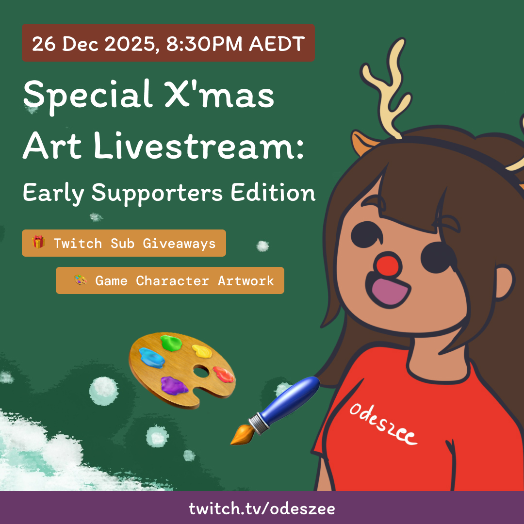 odeszeeniverse's tweet photo. Special x'mas artwork livestream ✨🐛
Early supporters edition 💛
Live drawing a cosy, one-of-a-kind piece to thank our early legends. Includes characters from games played this year 👀

🎁 subs and art giveaways
🗓️ fri 26 dec, 8:30pm
#artstream #cozystream #twitchsupporters https://t.co/2HSWa8L6BX