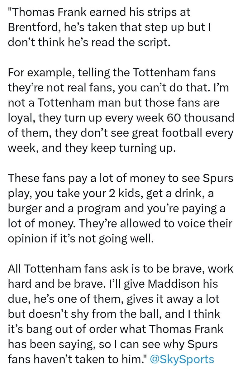 steve_singh420's tweet image. Even Paul Merson gets it. Sorry guys, Thomas Frank is not the answer. I just hope we don't waste the rest of the season and January transfer funds on him. When a manager calls out the fans, the end is near. He needs to GO! #frankout #spurs #coys