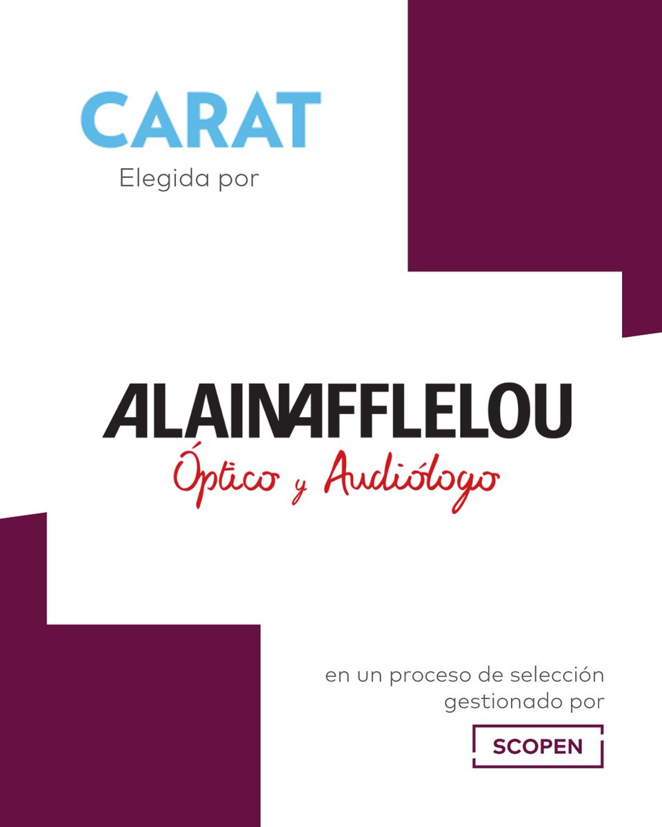 🔊 Alain Afflelou adjudica a <a href="/caratesp/">Carat España</a> su cuenta de Digital Paid Media, tras resultar vencedora en un proceso de selección gestionado por SCOPEN. 

 ¡Felicidades!
 
#SCOPENConsultancy