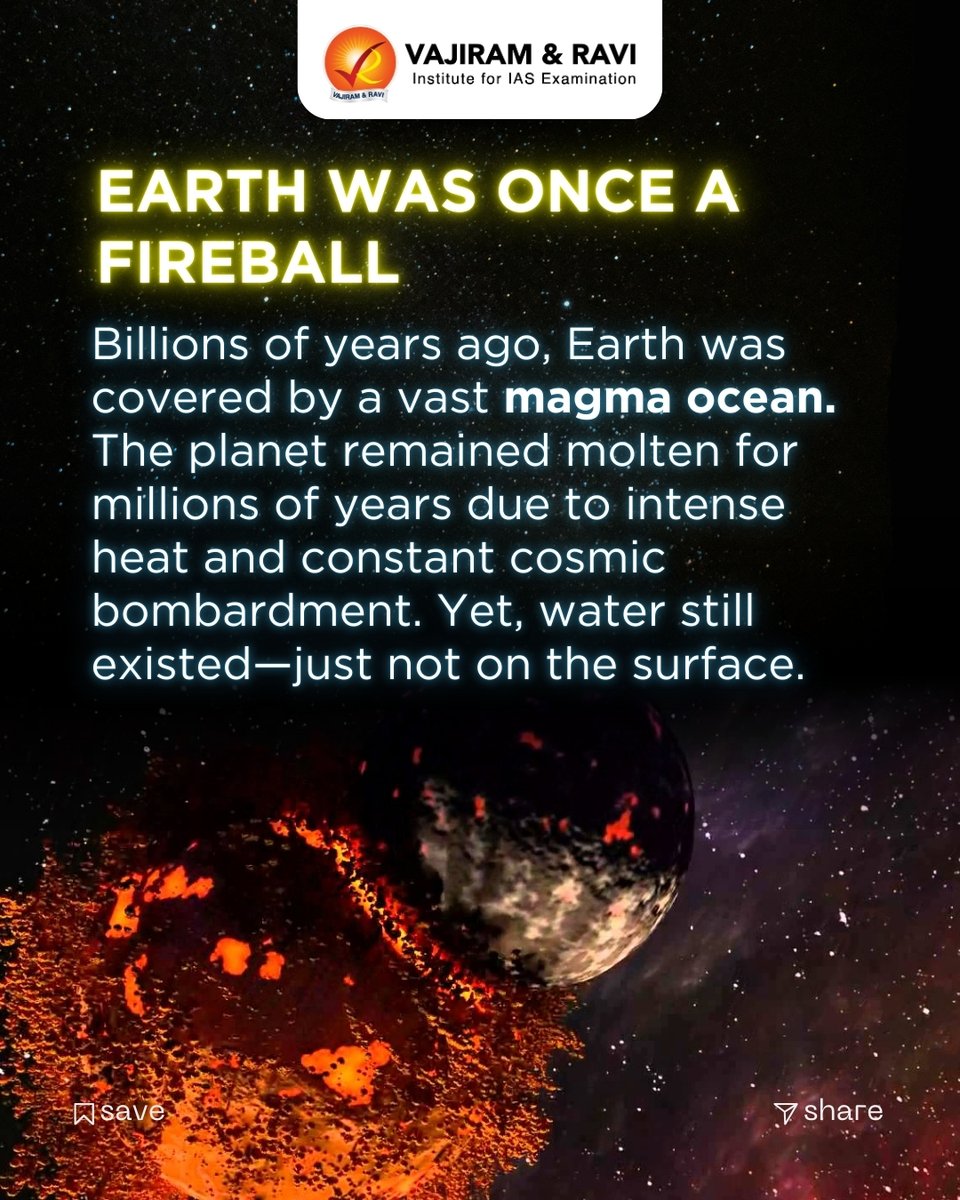 VajiramRavi's tweet image. #StudywithVajiram : Billions of years ago, Earth’s surface was a molten magma ocean with no liquid water at the surface, then from did all the water come from ? Swipe to know more.

 #Geology #EarthScience #UPSCPreparation #IASExam #VajiramAndRavi #ScienceFacts #OceanOrigins