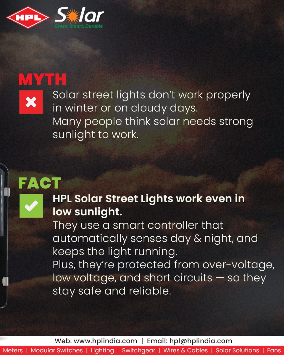 HPL_Official's tweet image. Myth vs Fact 💡
Reliable lighting every night, every season with zero electricity cost. 🌞⚡

#HPLSolar #SolarStreetLight #SmartLighting