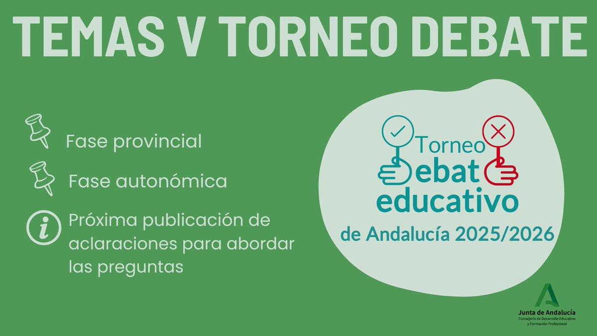 ¡Anunciamos los temas del V Torneo de Debate Educativo de Andalucía en sus fases provincial y autonómica! ¡Temas clave para el pensamiento crítico de nuestro alumnado! 🔗lajunta.es/6686d
#DebateEducativoAnd #pluriAnd @educaAnd