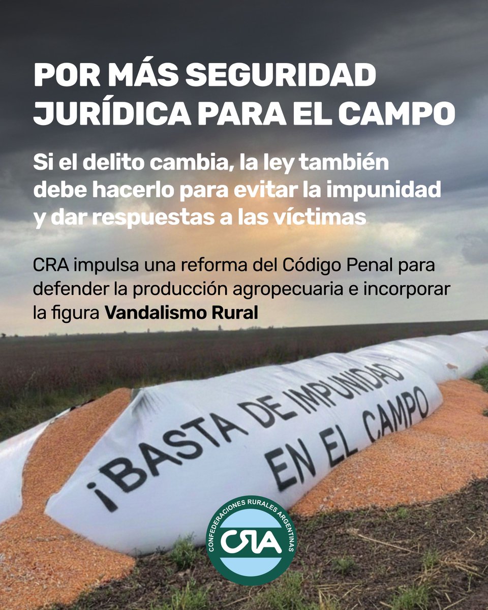 ✔️ CRA presentó un proyecto a legisladores nacionales. para incorporar la figura del "vandalismo rural" en el Código Penal
La iniciativa busca dotar al Estado de herramientas jurídicas eficaces frente a hechos delictivos que dañan bienes, infraestructura y el esfuerzo productivo