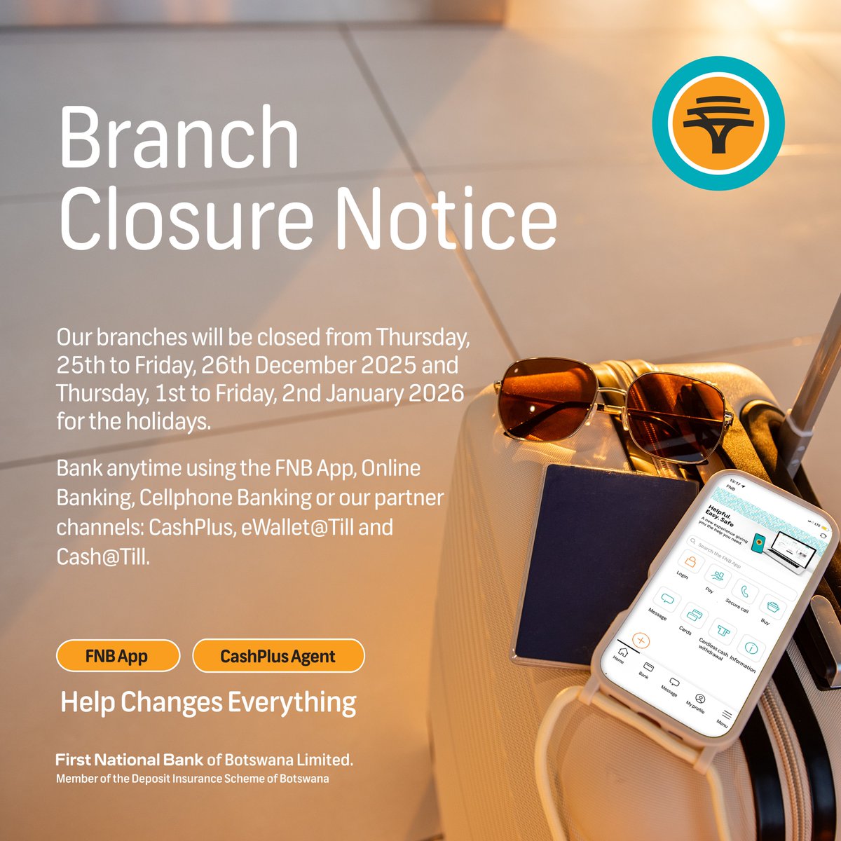 FNB_Botswana's tweet photo. Branch Closure Notice

Our branches will be closed from Thursday, 25th to Friday, 26th December 2025, and Thursday, 1st to Friday, 2nd January 2026 for the holidays. https://t.co/18lGmHWb70
