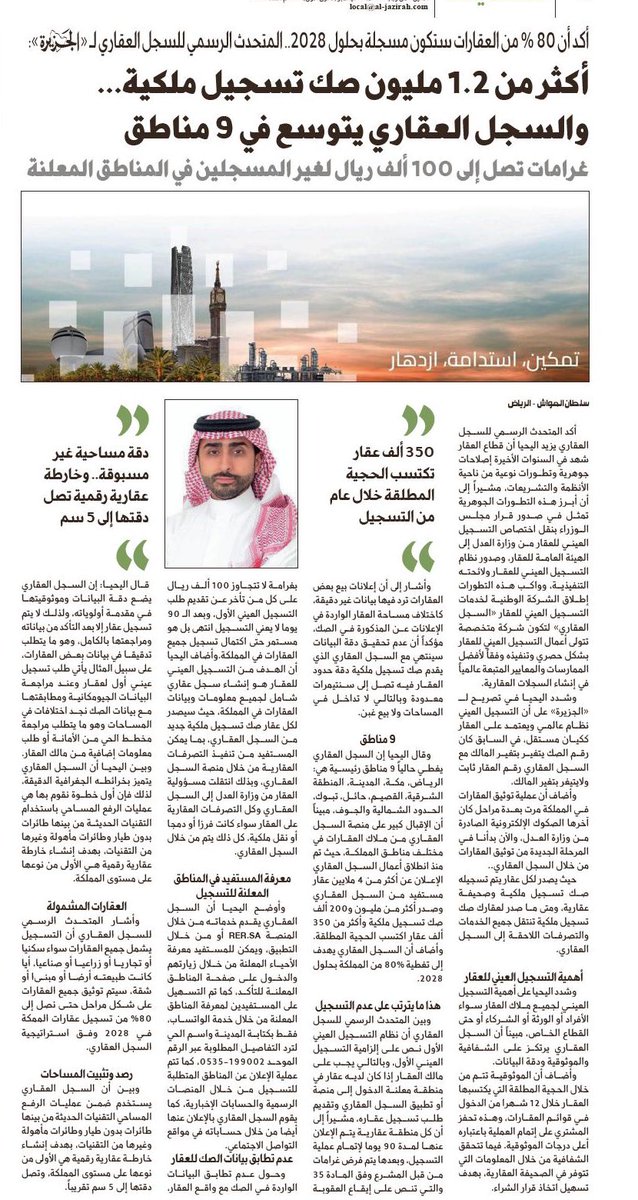 المتحدث الرسمي للسجل العقاري <a href="/SpokespersonRER/">المتحدث الرسمي للسجل العقاري</a> لـ #صحيفة_الجزيرة : 

80 % من عقارات المملكة ستكون مسجلة بحلول 2028 .. وغرامات التخلف تصل إلى 100 ألف ريال 

🔘 أكثر من 1.2 مليون صك تسجيل ملكية… والسجل العقاري يتوسع في 9 مناطق.. 

🔘 350 ألف عقار تكتسب الحجية المطلقة خلال عام من