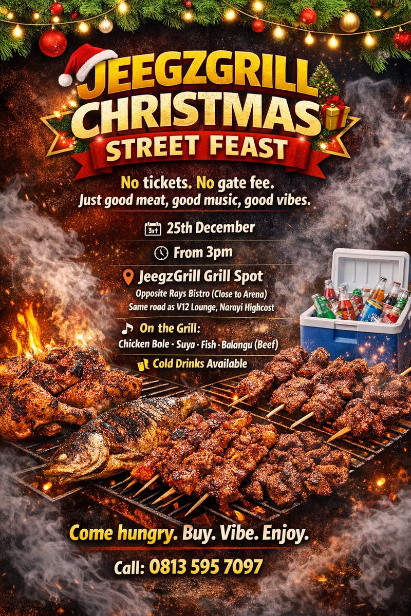 JeegzGrill's tweet photo. The ticketed Christmas Fest is now a Christmas Street Feast 🔥
No tickets. No gate fee.

We’re bringing Christmas straight to the grill spot so you can enjoy more food, more vibes, and more freedom.

📅 25th December | ⏰ 3pm
📍 Narayi Highcost

Pull up with your people 😮‍🔥 https://t.co/0o3hGCMTFi