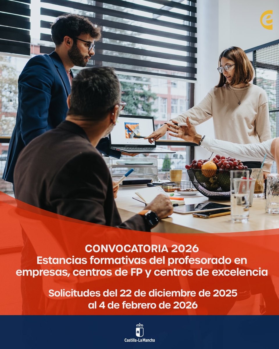 💼 La Consejería de Educación, Cultura y Deportes convoca la realización de estancias formativas destinadas al profesorado de formación profesional en empresas, centros de FP y centros de excelencia.

🧰 Más información educacion.castillalamancha.es/educacion/tram…