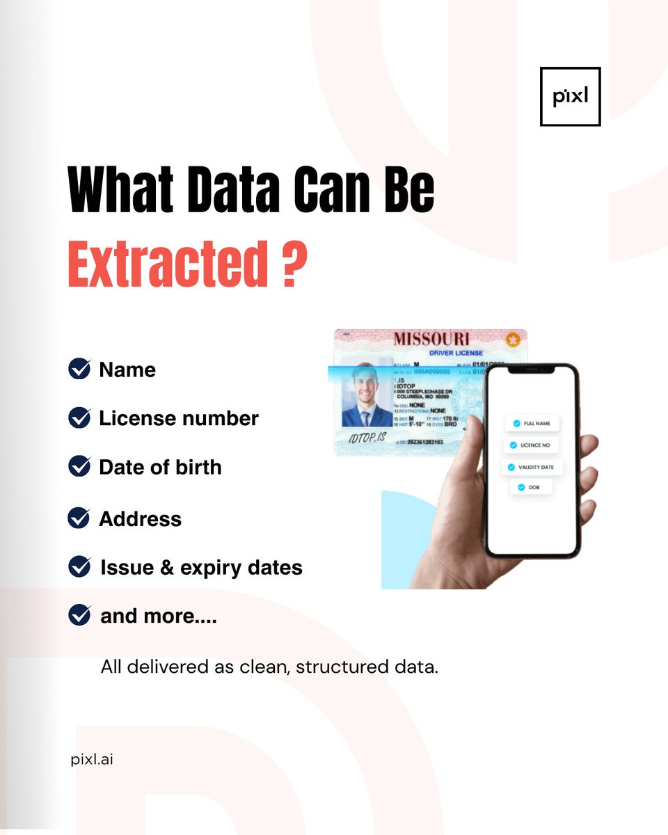 pix_dynamics's tweet photo. Extract driving license data in seconds?
Swipe through to see how Pixl makes license data extraction faster and smarter.

Try Driving License OCR – Experience instant, accurate data extraction with ease - https://t.co/BeVK5vS4NS

#DrivingLicenseOCR #OCRTechnology #DataExtraction https://t.co/vzcay7qkCm